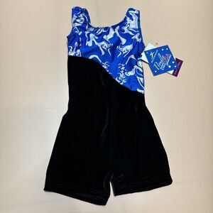 Motionwear Girls Small 5-6 Dance Blue & Black Tank Sleeve Biketard Leotard NEW